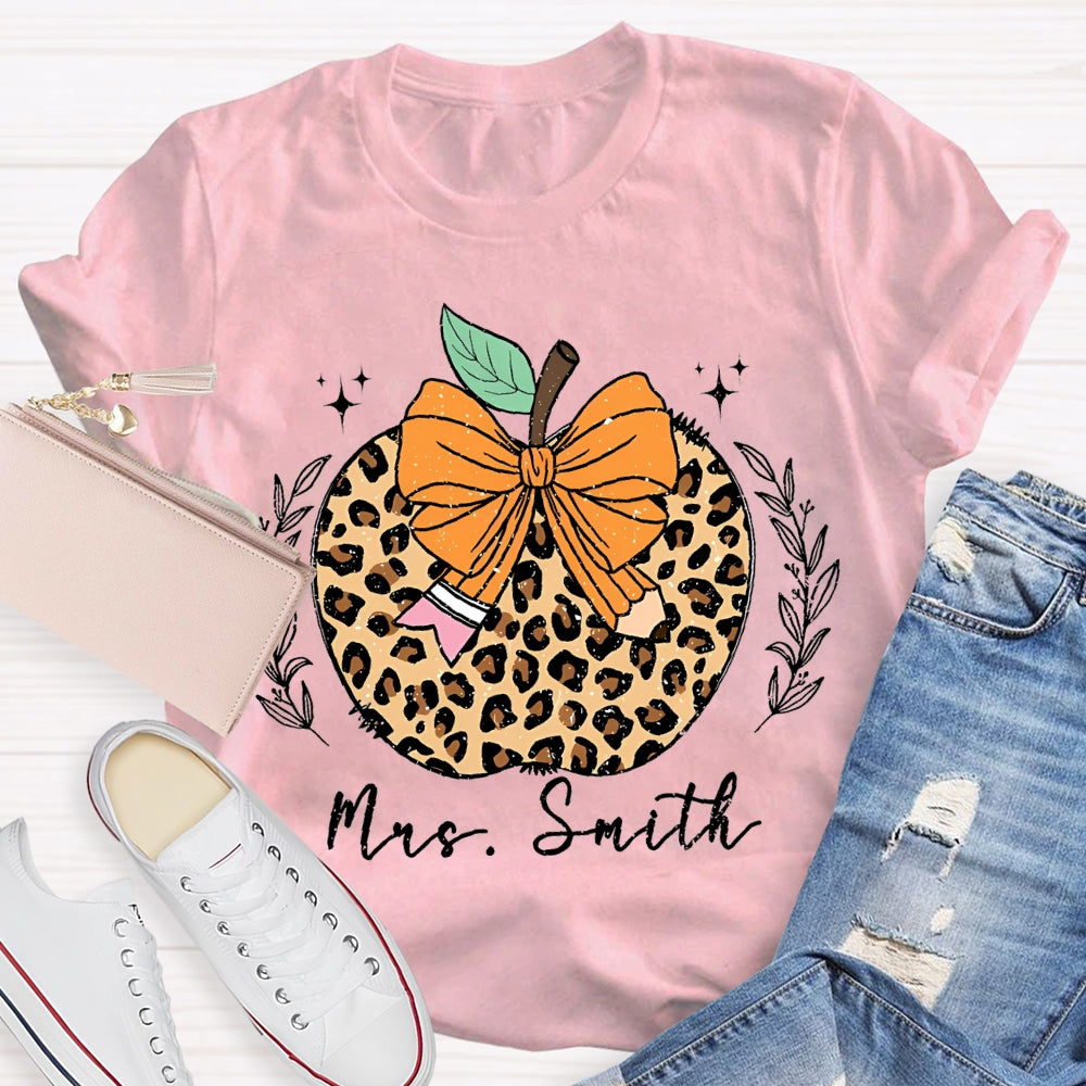 Personalized Name Bow Leopard Print Apple T-shirt