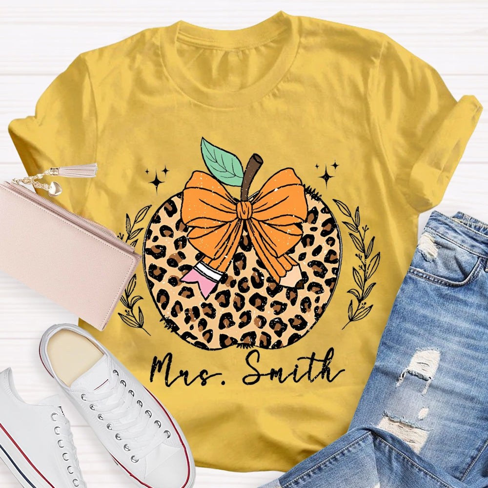 Personalized Name Bow Leopard Print Apple T-shirt