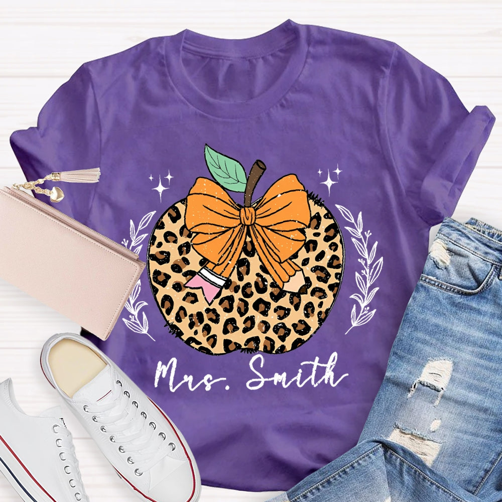 Personalized Name Bow Leopard Print Apple T-shirt