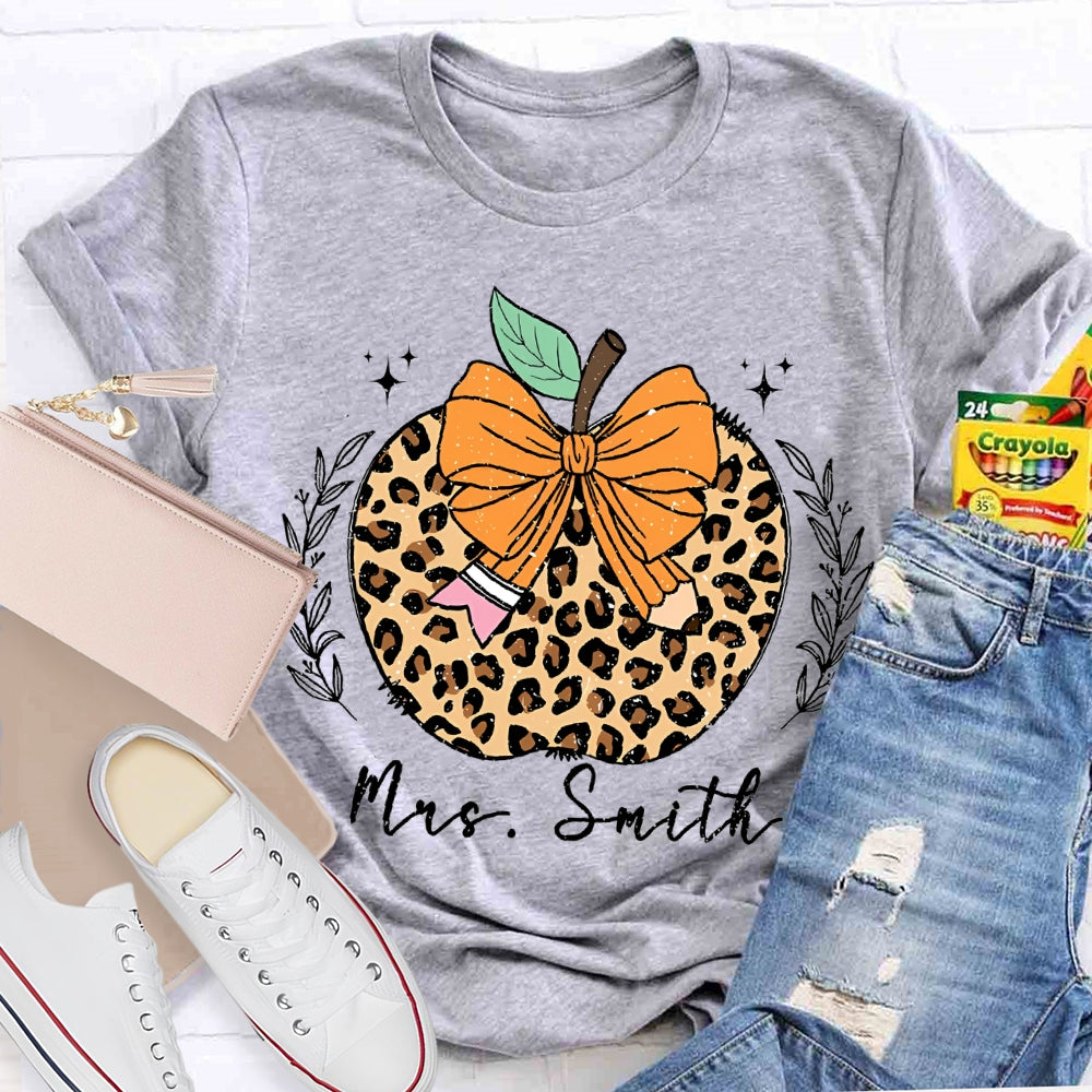 Personalized Name Bow Leopard Print Apple T-shirt