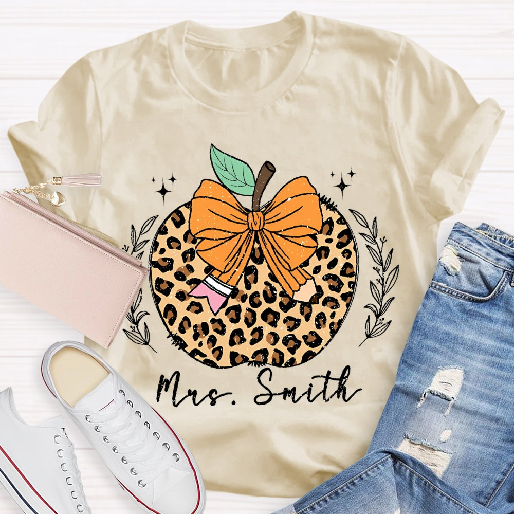 Personalized Name Bow Leopard Print Apple T-shirt