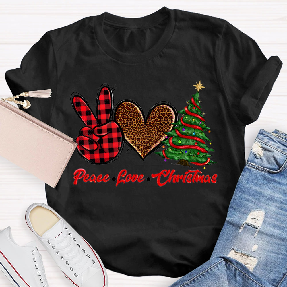 Peace Love Christmas Leopard Print Hearts And Christmas Tree T-shirt