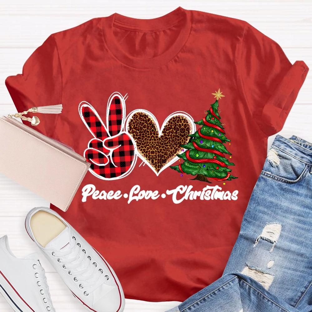 Peace Love Christmas Leopard Print Hearts And Christmas Tree T-shirt