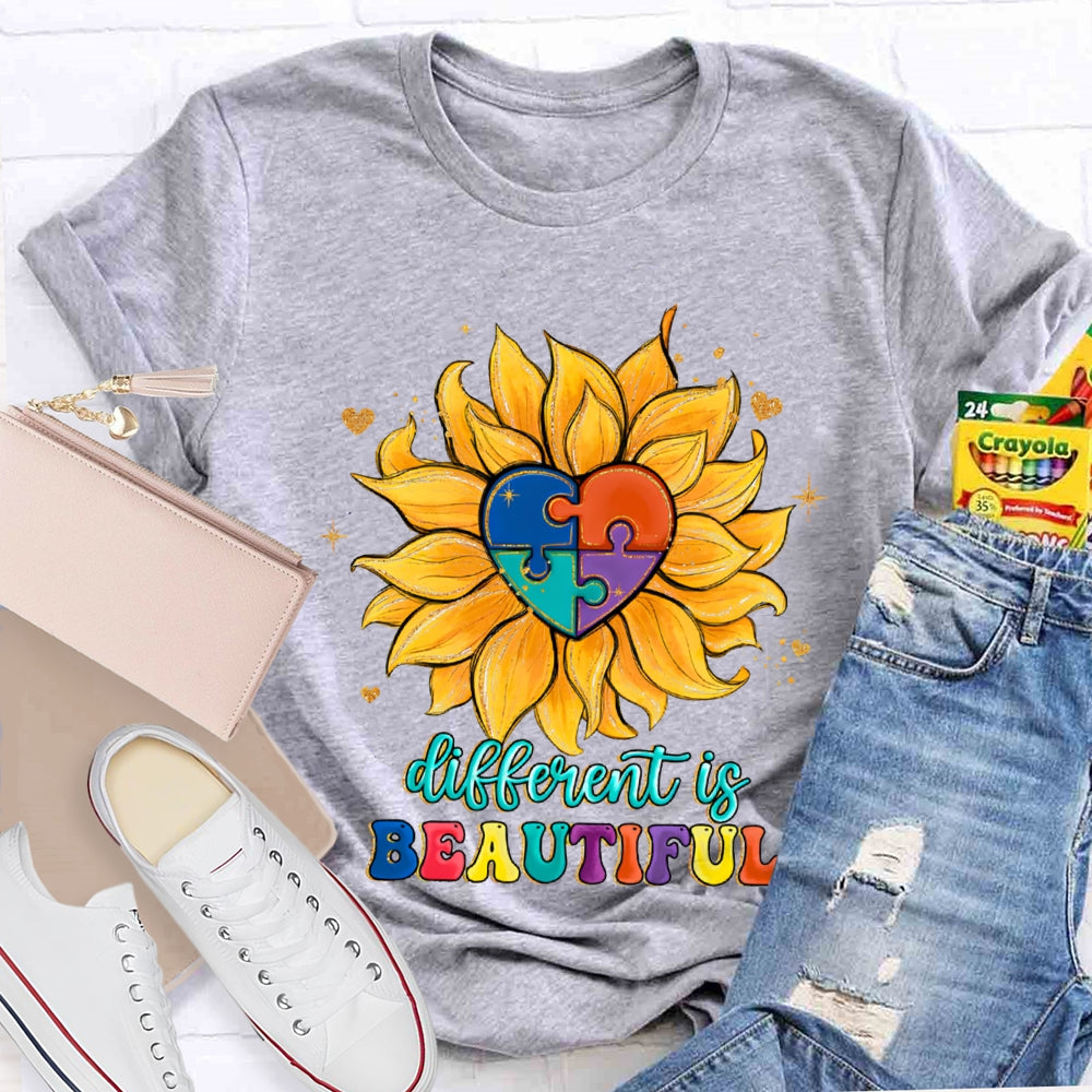 Different Is Beautiful Colorful Heart Floral T-Shirt