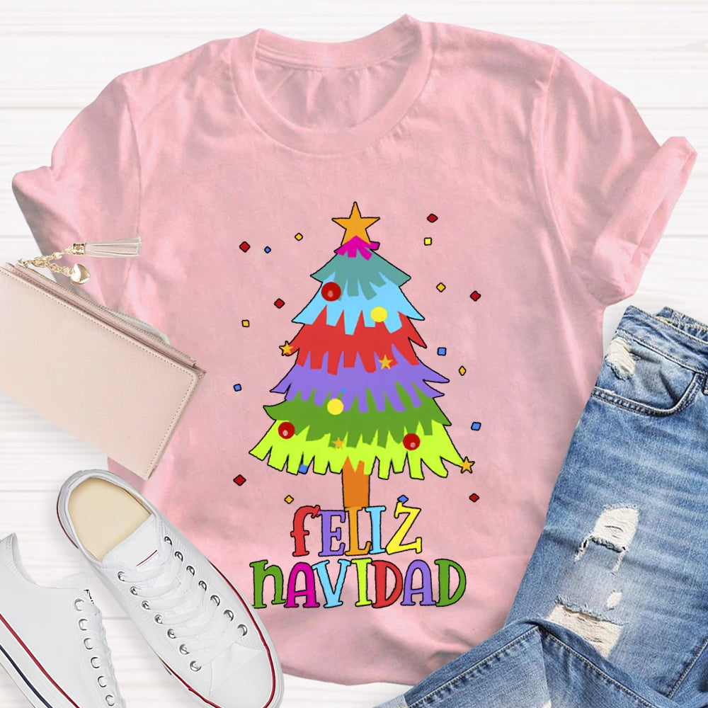 Feliz Navidad Colorful Christmas Tree Bilingual Teacher T-shirt