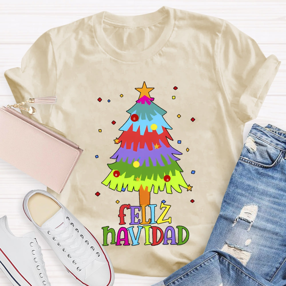 Feliz Navidad Colorful Christmas Tree Bilingual Teacher T-shirt