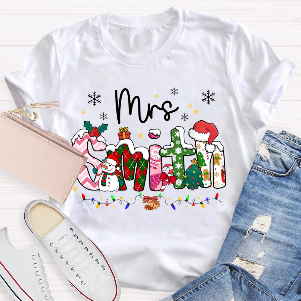 Personalized Name Christmas Vibes Fonts Christmas Lights And Snowflakes T-shirt