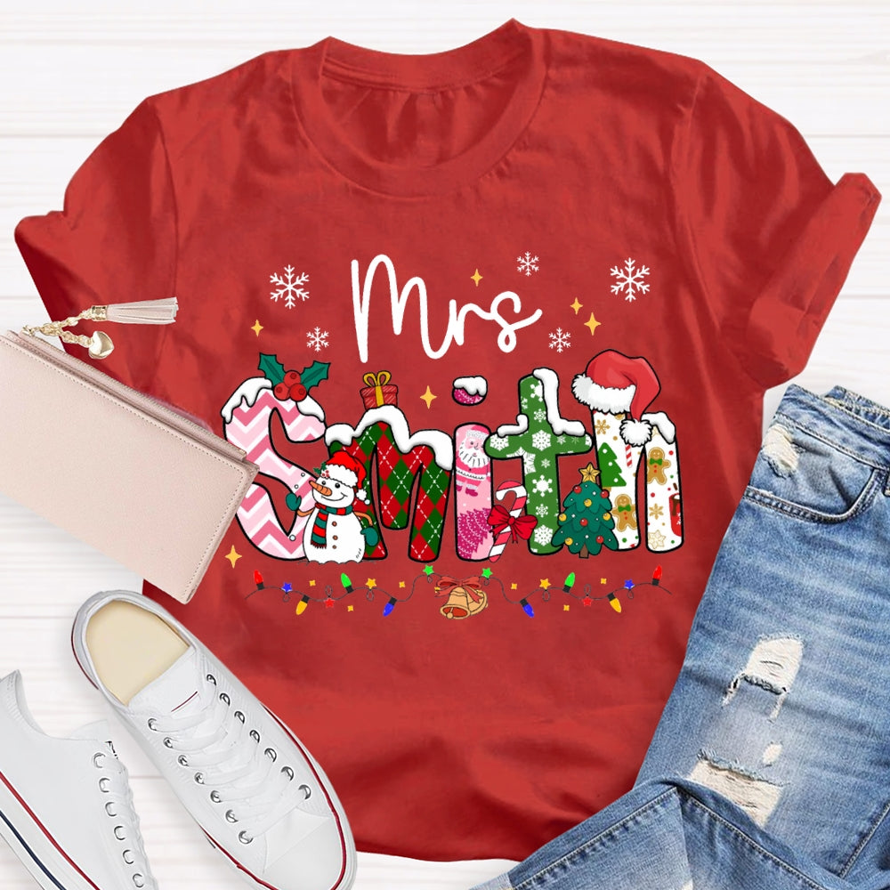 Personalized Name Christmas Vibes Fonts Christmas Lights And Snowflakes T-shirt