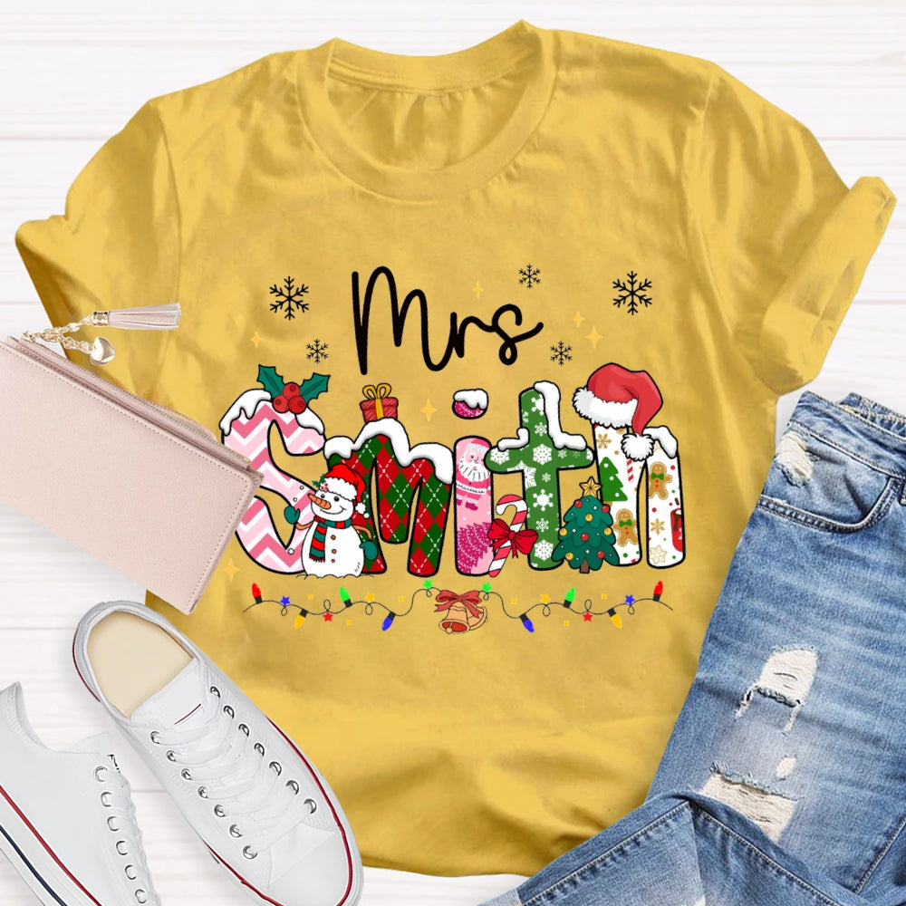 Personalized Name Christmas Vibes Fonts Christmas Lights And Snowflakes T-shirt