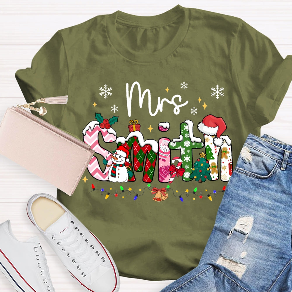 Personalized Name Christmas Vibes Fonts Christmas Lights And Snowflakes T-shirt