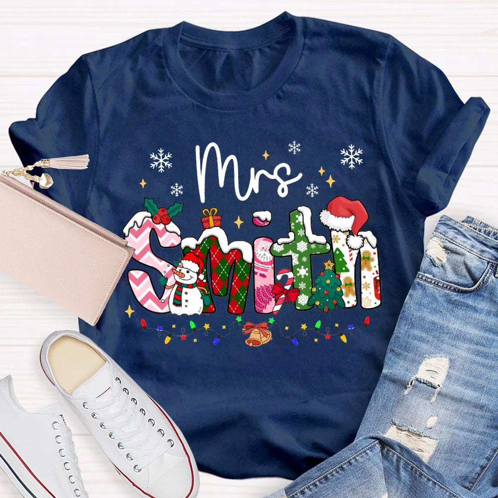 Personalized Name Christmas Vibes Fonts Christmas Lights And Snowflakes T-shirt