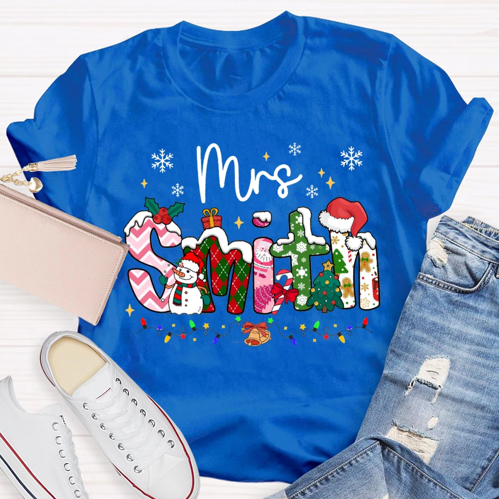 Personalized Name Christmas Vibes Fonts Christmas Lights And Snowflakes T-shirt