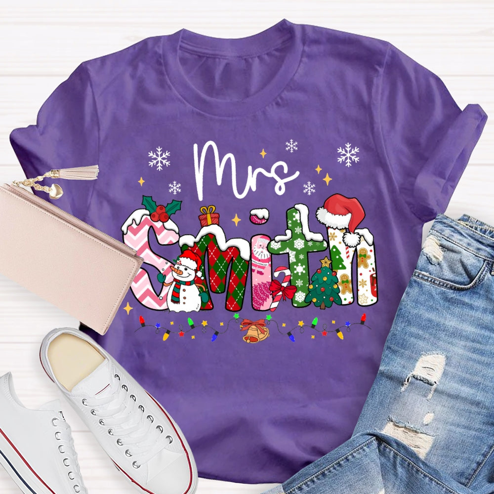 Personalized Name Christmas Vibes Fonts Christmas Lights And Snowflakes T-shirt