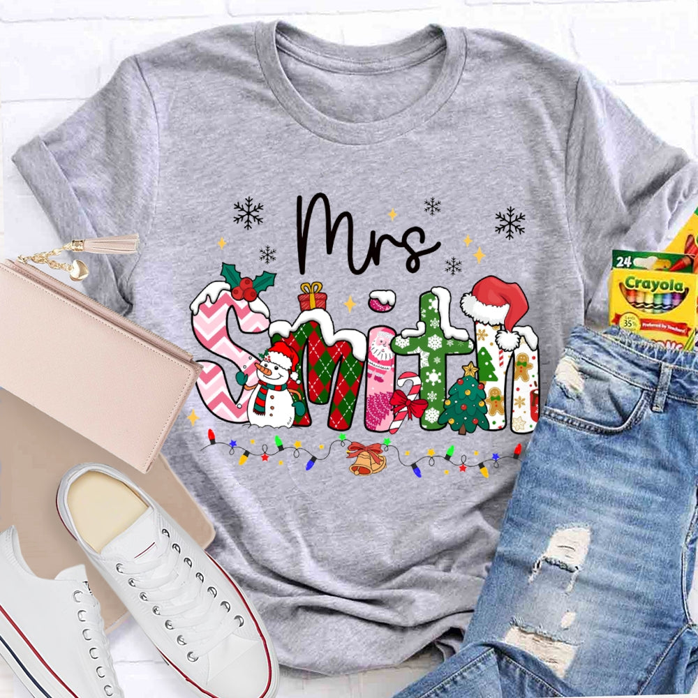 Personalized Name Christmas Vibes Fonts Christmas Lights And Snowflakes T-shirt