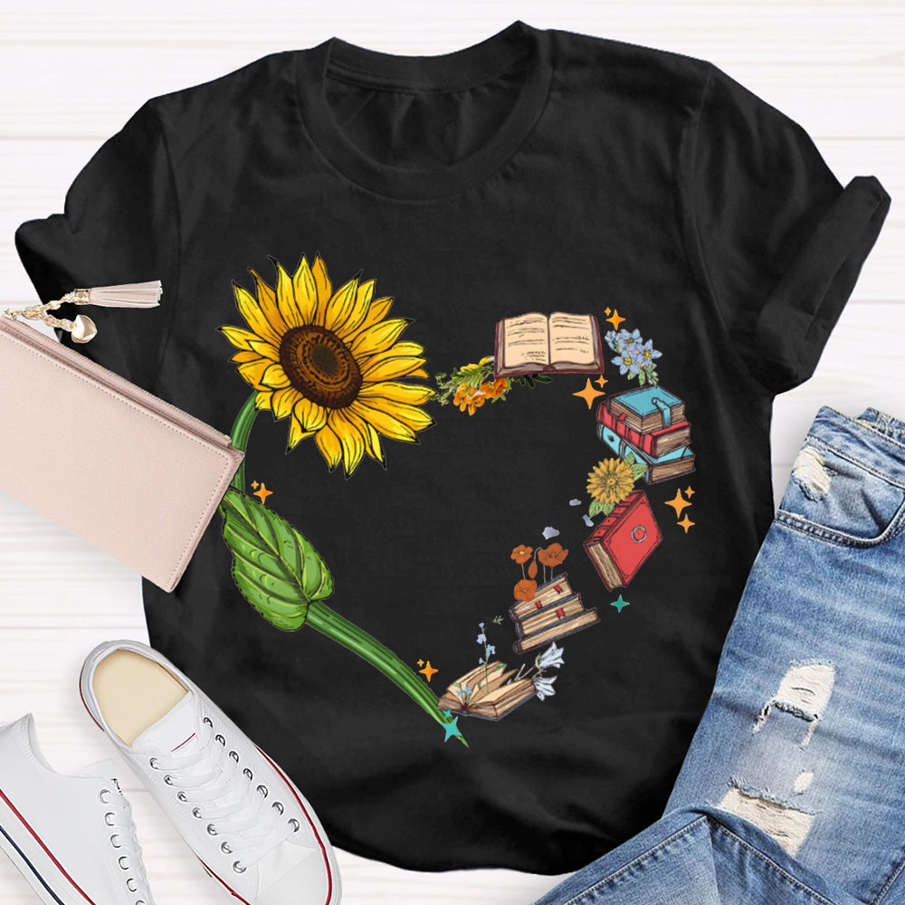 Sunflowers And Books Connected To A Heart T-shirt