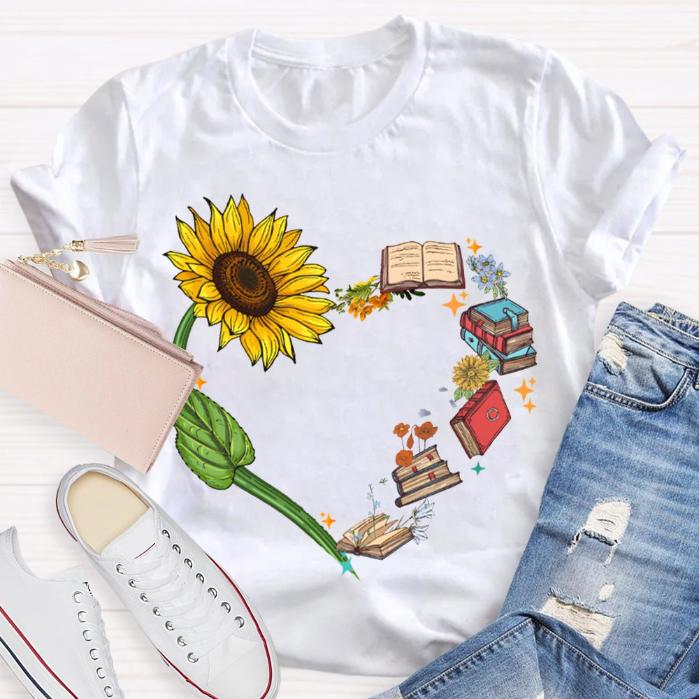 Sunflowers And Books Connected To A Heart T-shirt