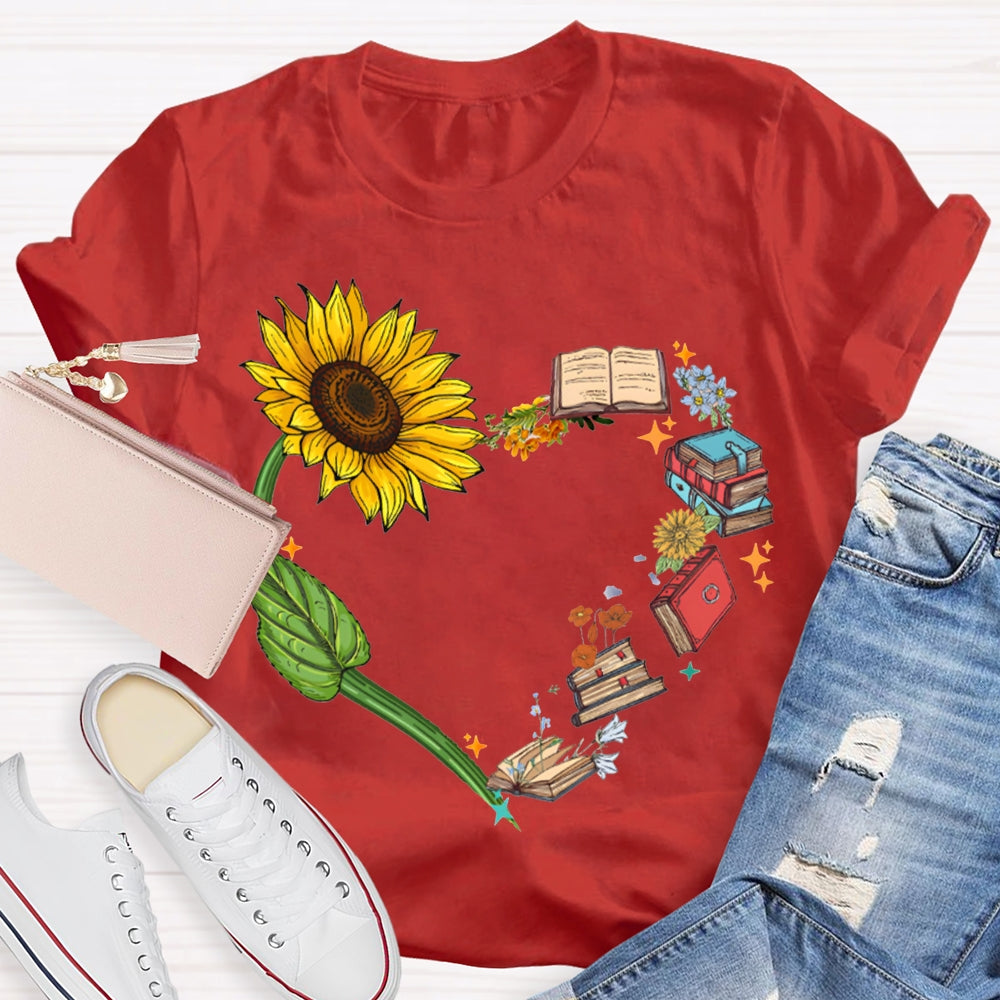 Sunflowers And Books Connected To A Heart T-shirt