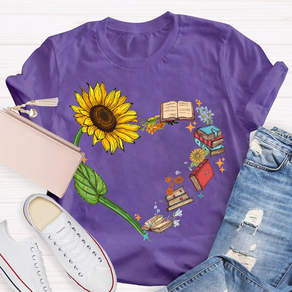 Sunflowers And Books Connected To A Heart T-shirt