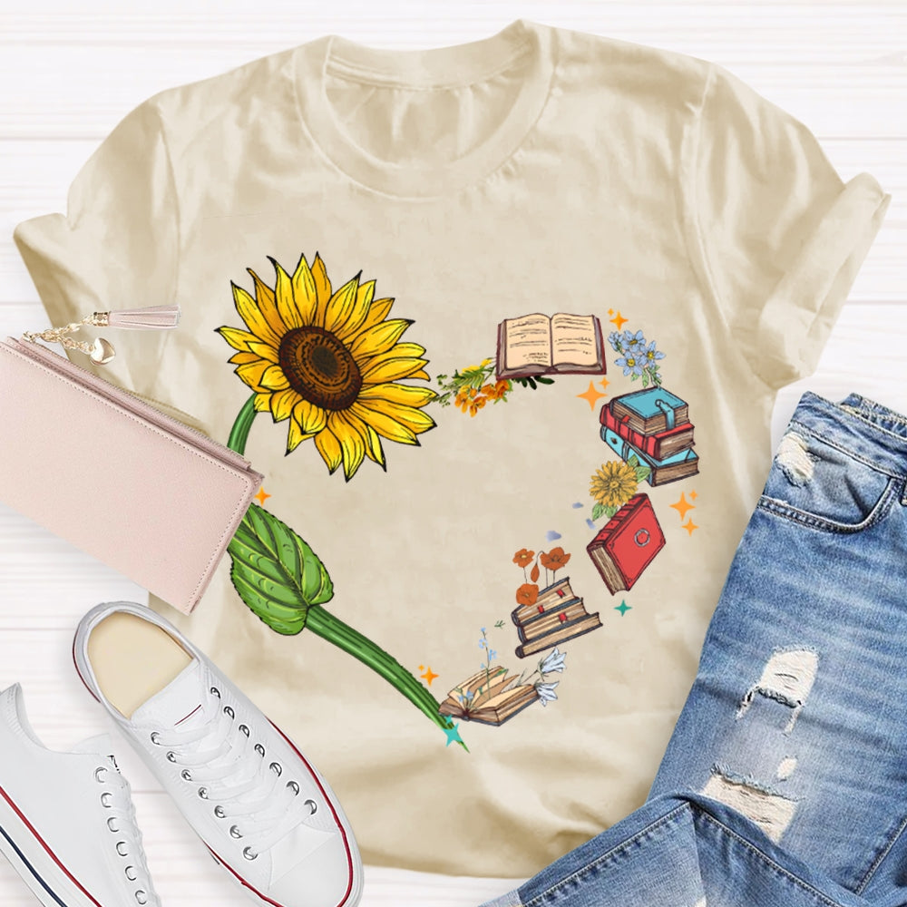 Sunflowers And Books Connected To A Heart T-shirt