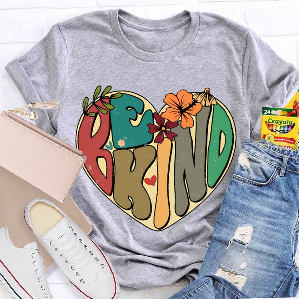 Be Kind Heart-Shaped Colorful Lettering Print T-shirt