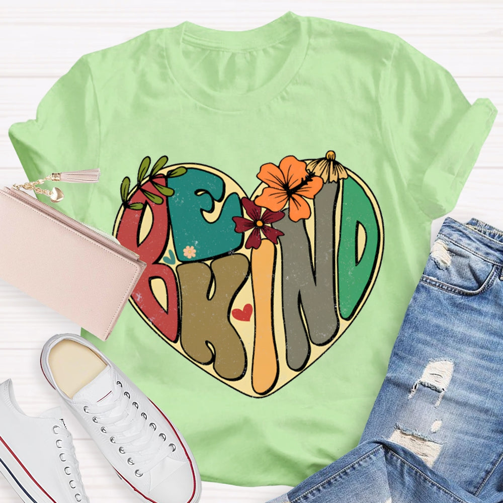 Be Kind Heart-Shaped Colorful Lettering Print T-shirt
