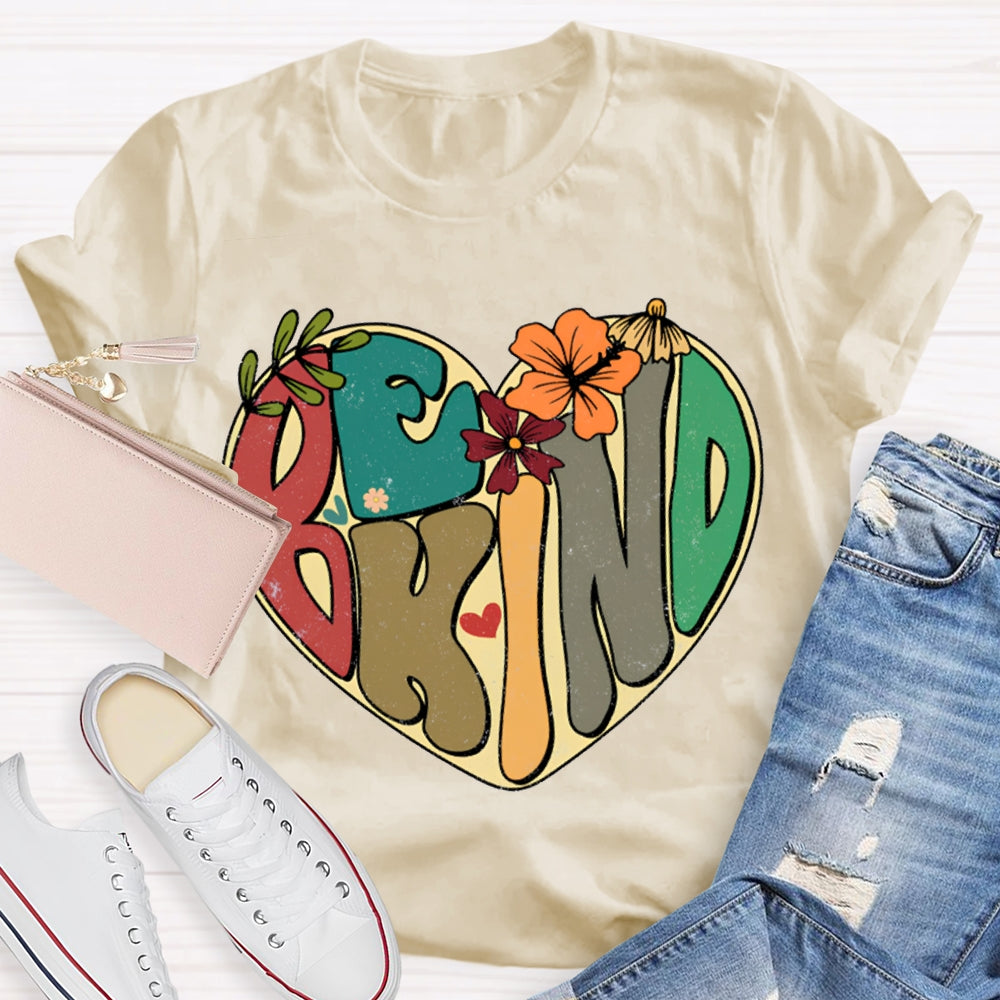 Be Kind Heart-Shaped Colorful Lettering Print T-shirt