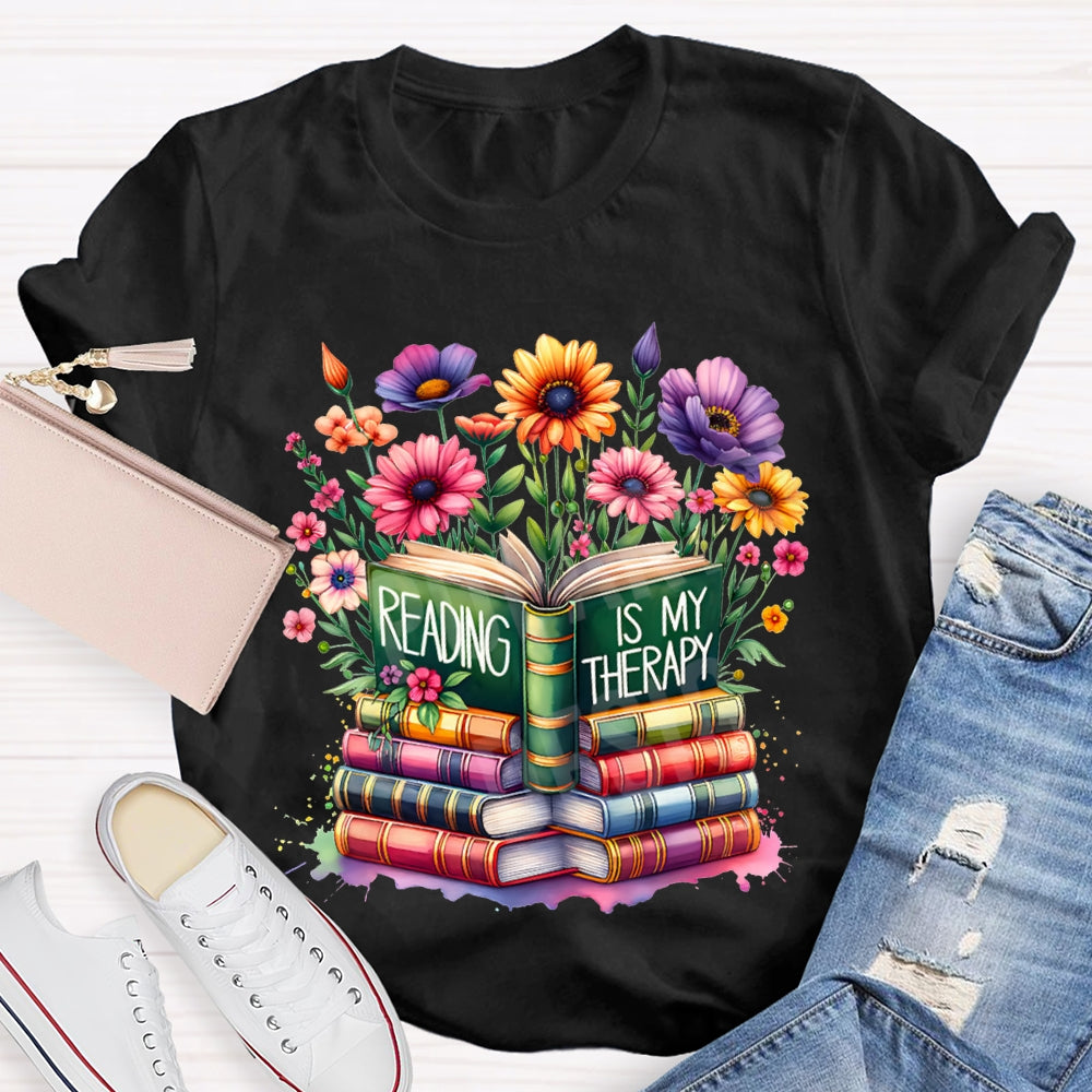 Reading Is My Therapy Colorful Flowers And Books T-shirt