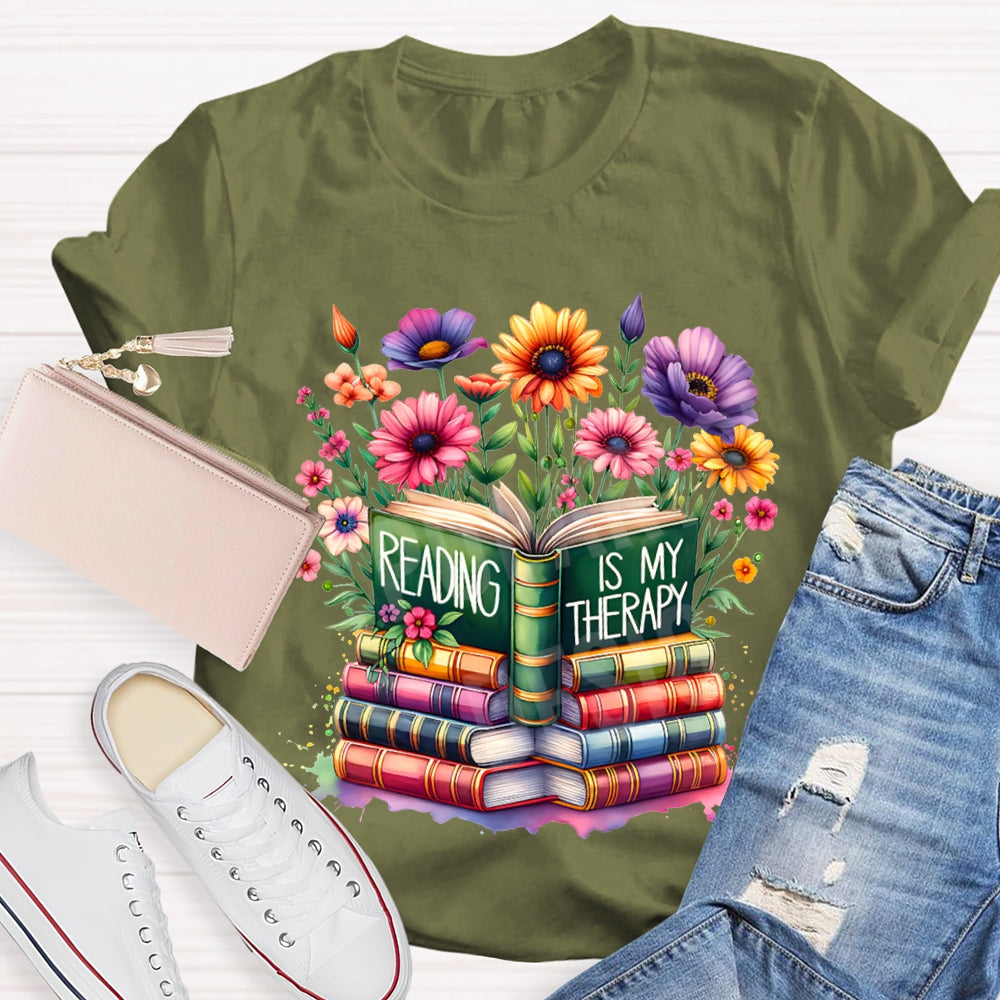 Reading Is My Therapy Colorful Flowers And Books T-shirt