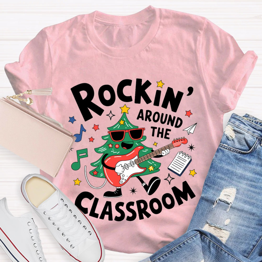Rockin Around The Classroom A Christmas Tree Playing Guitar Music Teacher T-shirt