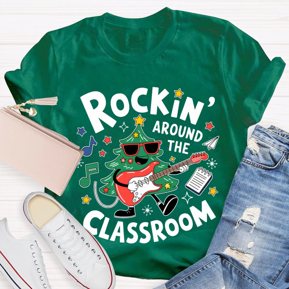Rockin Around The Classroom A Christmas Tree Playing Guitar Music Teacher T-shirt
