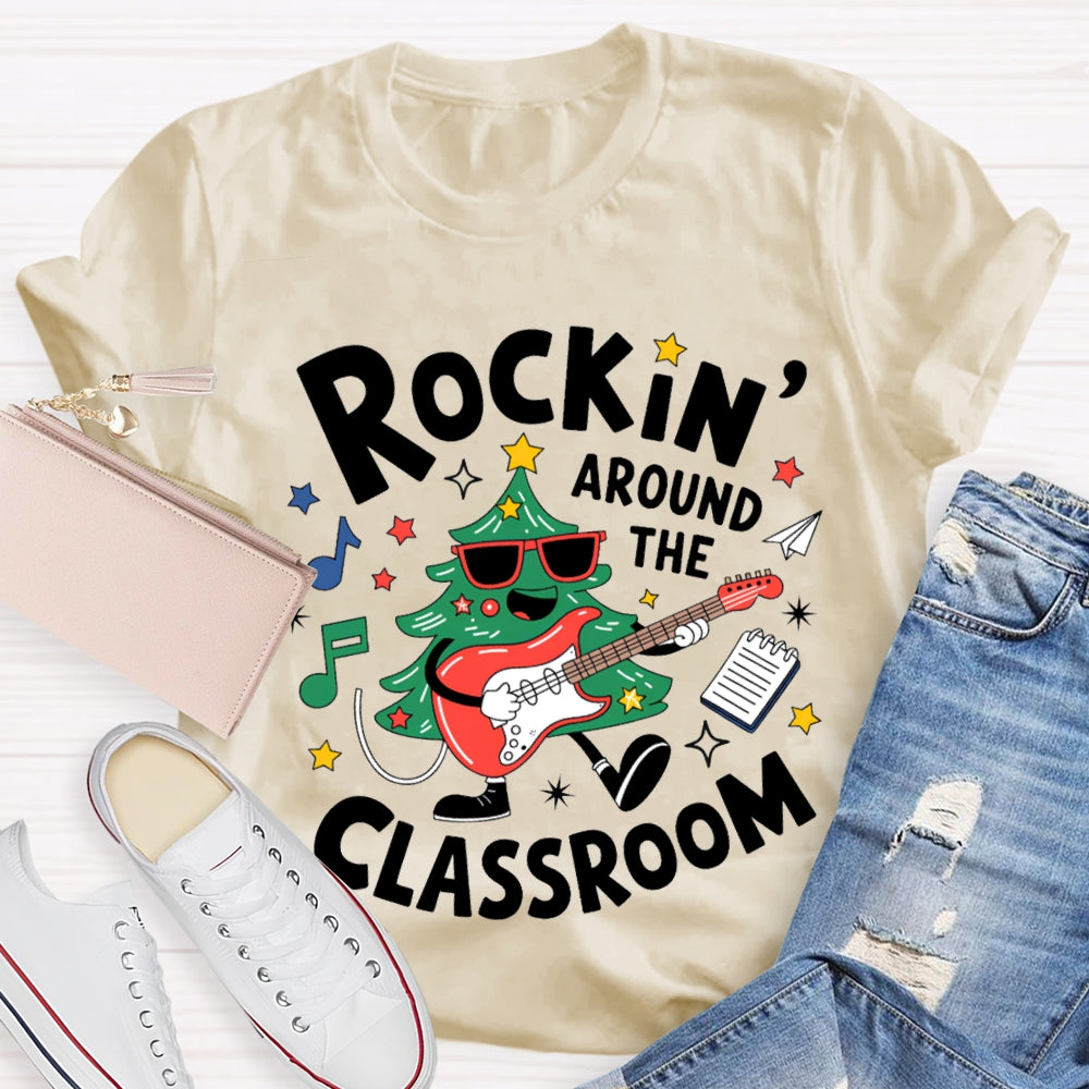 Rockin Around The Classroom A Christmas Tree Playing Guitar Music Teacher T-shirt