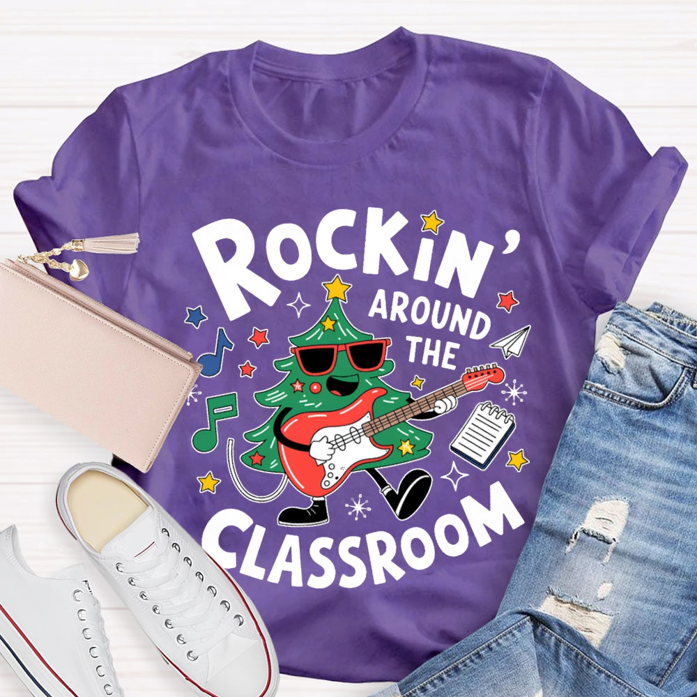 Rockin Around The Classroom A Christmas Tree Playing Guitar Music Teacher T-shirt