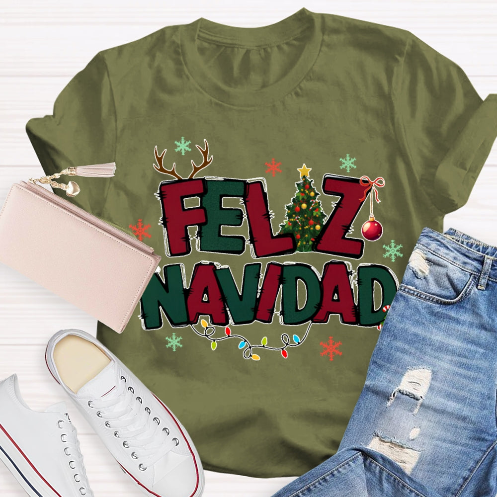 Feliz Navidad Colorful Lettering And Christmas Lights Bilingual Teachers Christmas T-shirt