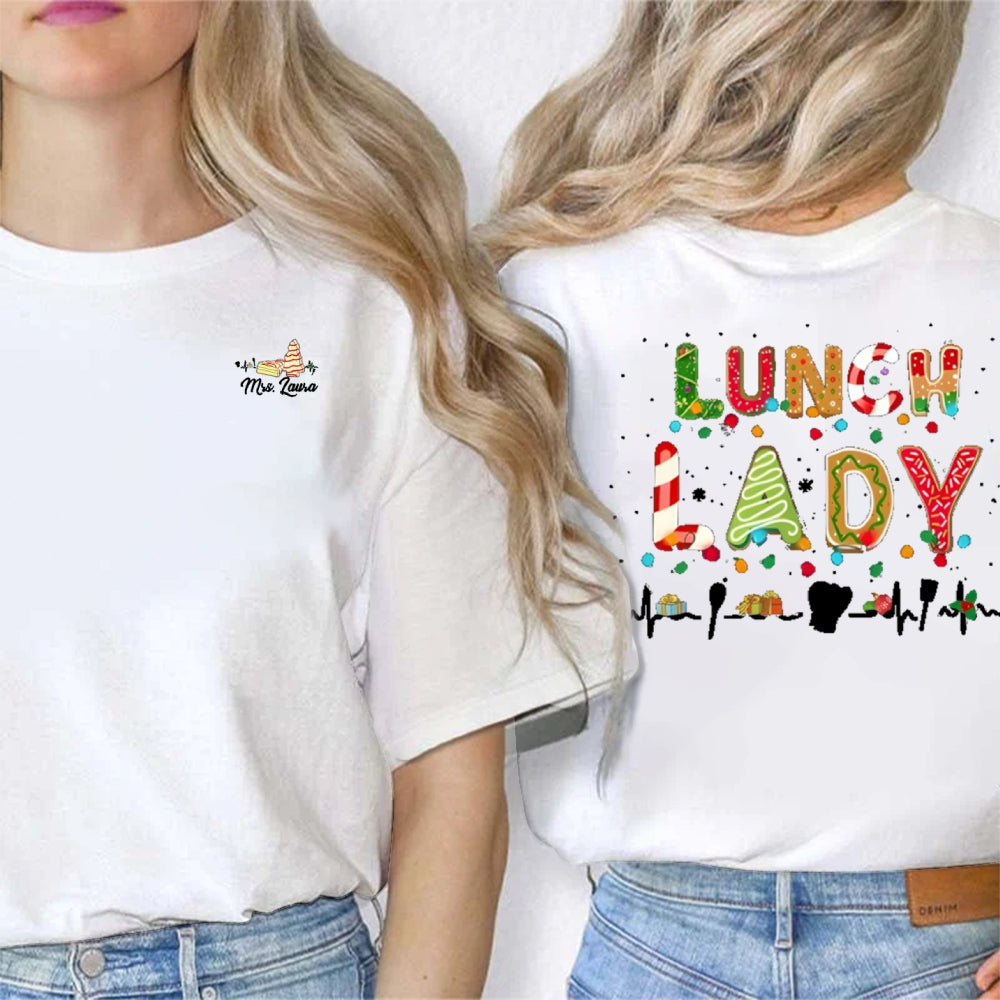 Personalized Name Lunch Lady Christmas Vibes Fonts Double Printed T-shirt