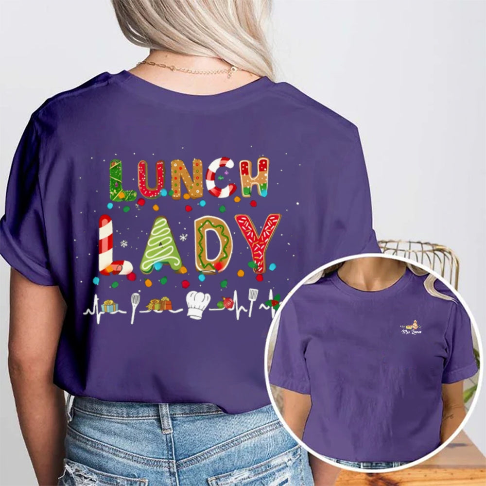 Personalized Name Lunch Lady Christmas Vibes Fonts Double Printed T-shirt