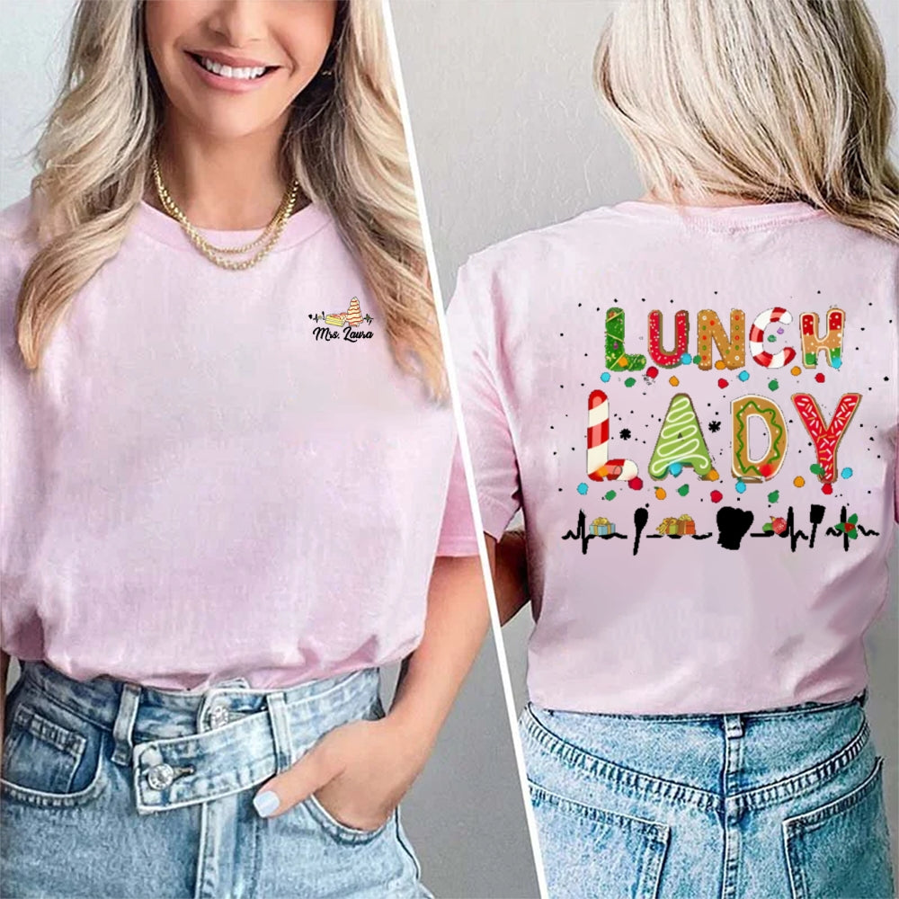 Personalized Name Lunch Lady Christmas Vibes Fonts Double Printed T-shirt