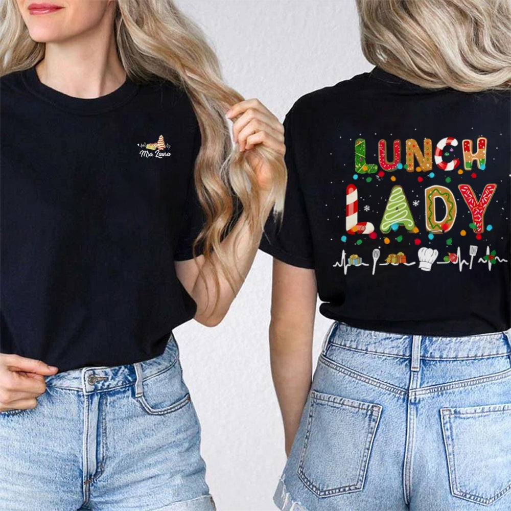 Personalized Name Lunch Lady Christmas Vibes Fonts Double Printed T-shirt