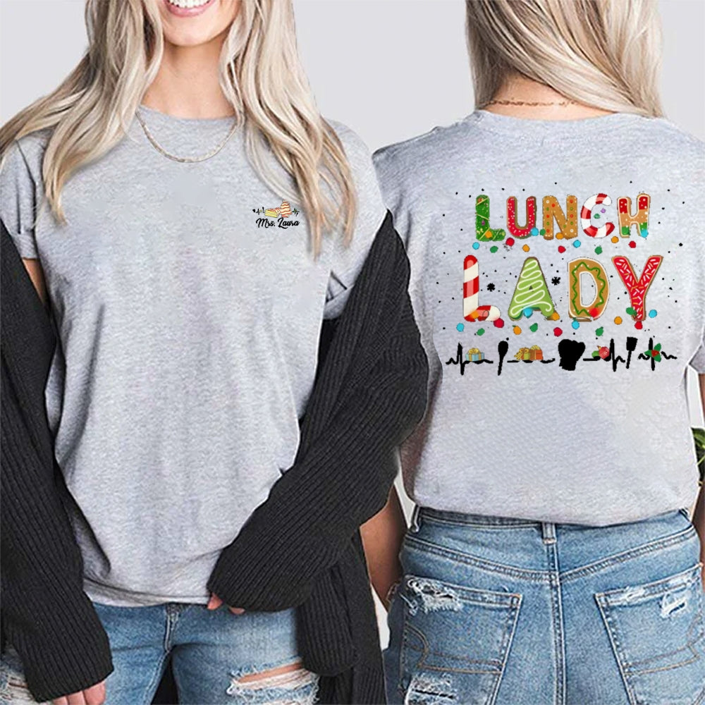 Personalized Name Lunch Lady Christmas Vibes Fonts Double Printed T-shirt