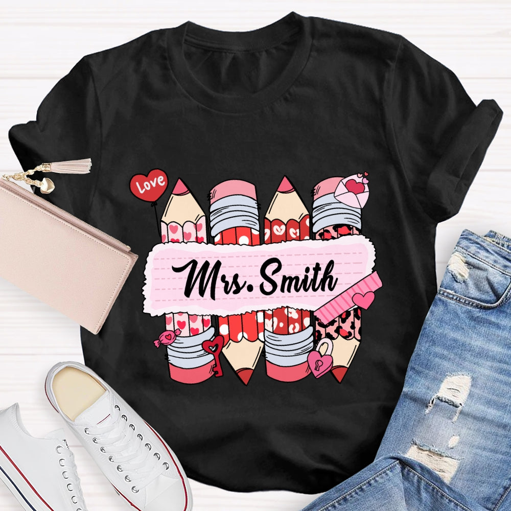 Personalized Name Pink Heart Pencil Valentine'S Day T-Shirt