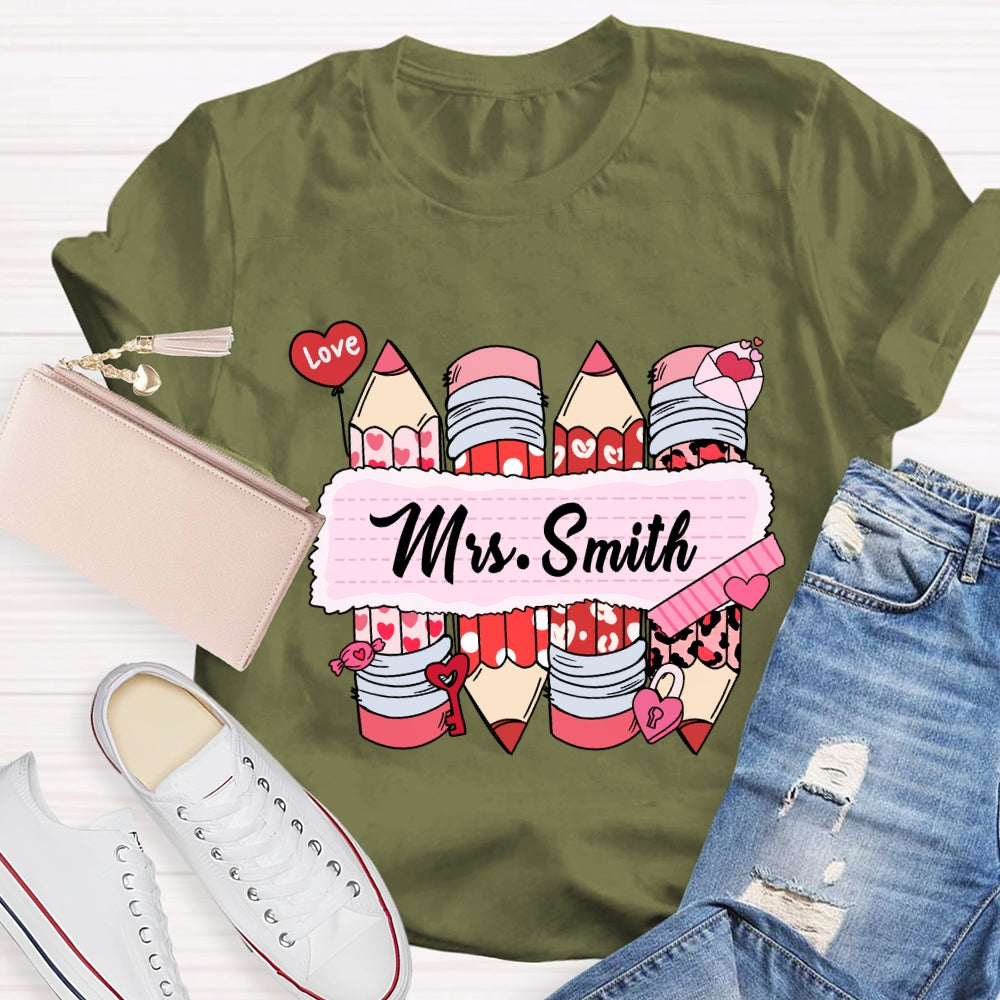 Personalized Name Pink Heart Pencil Valentine'S Day T-Shirt