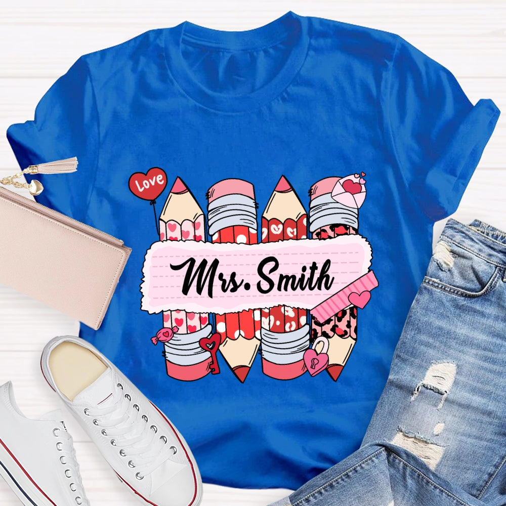 Personalized Name Pink Heart Pencil Valentine'S Day T-Shirt
