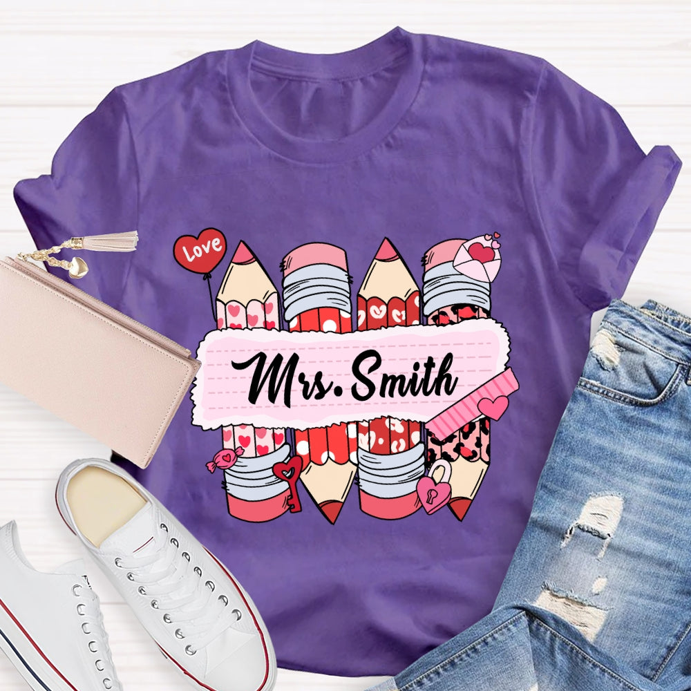 Personalized Name Pink Heart Pencil Valentine'S Day T-Shirt