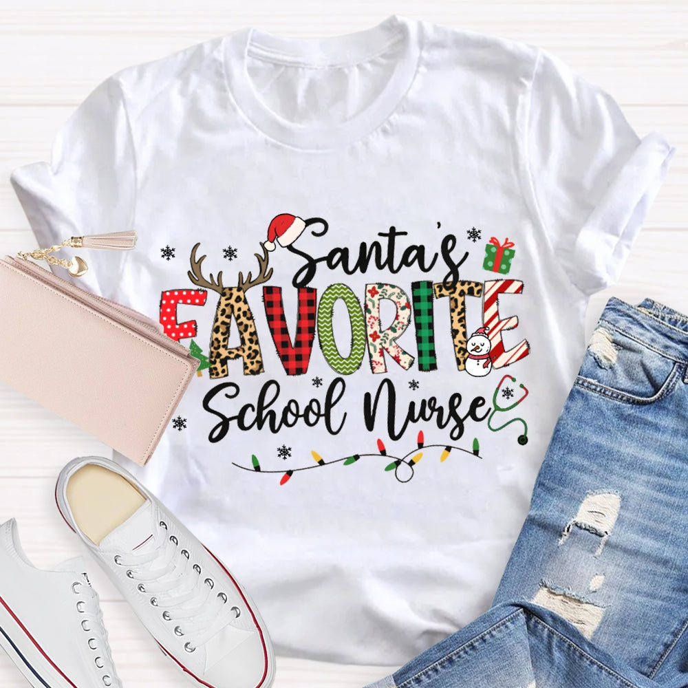 Santa'S Favorite School Nurse Christmas Lights T-shirt