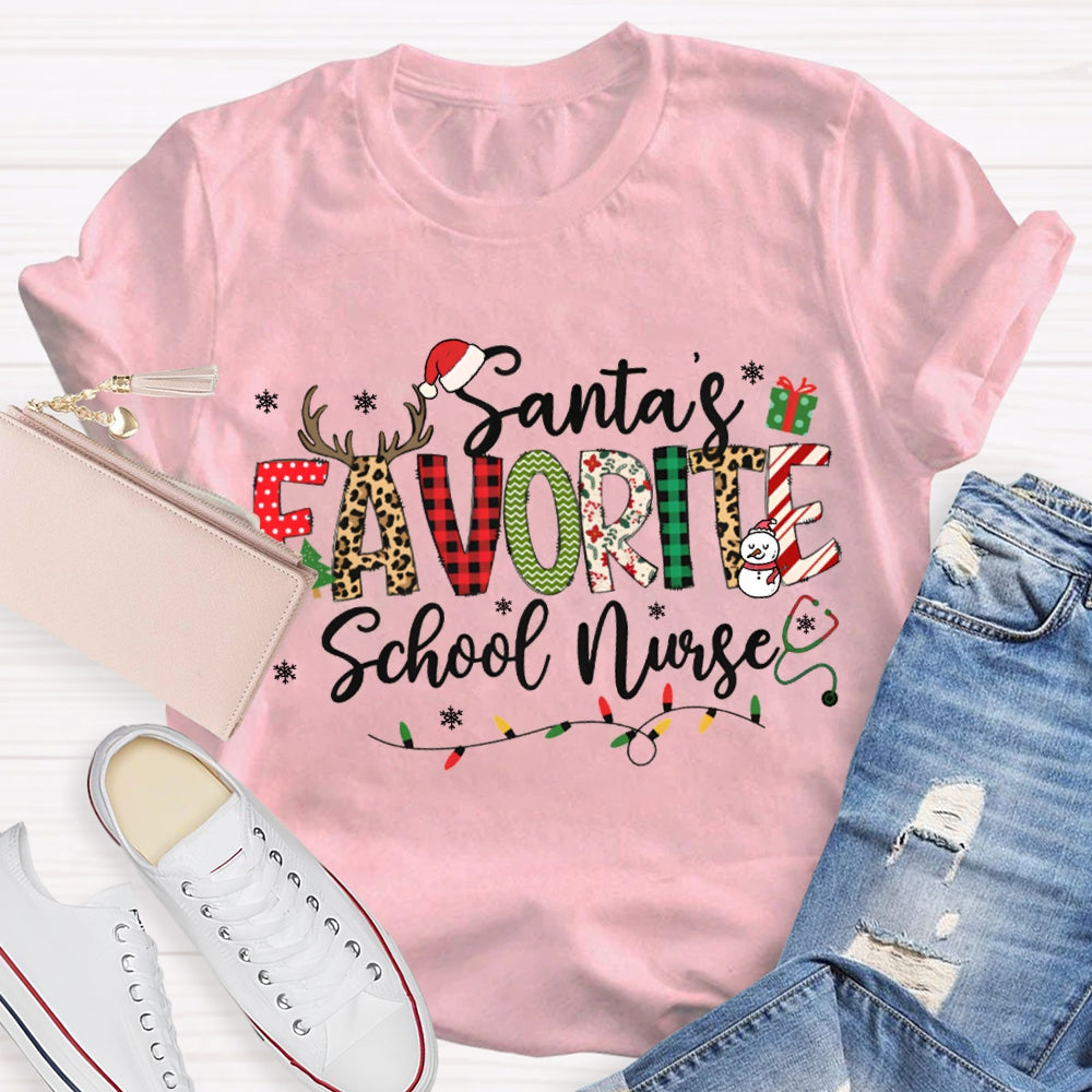Santa'S Favorite School Nurse Christmas Lights T-shirt