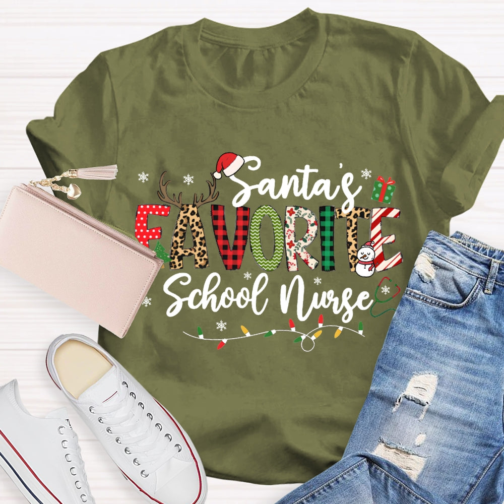 Santa'S Favorite School Nurse Christmas Lights T-shirt