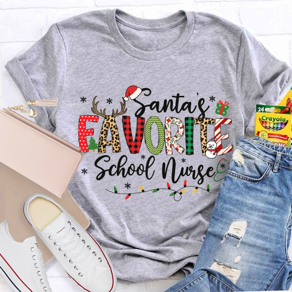 Santa'S Favorite School Nurse Christmas Lights T-shirt