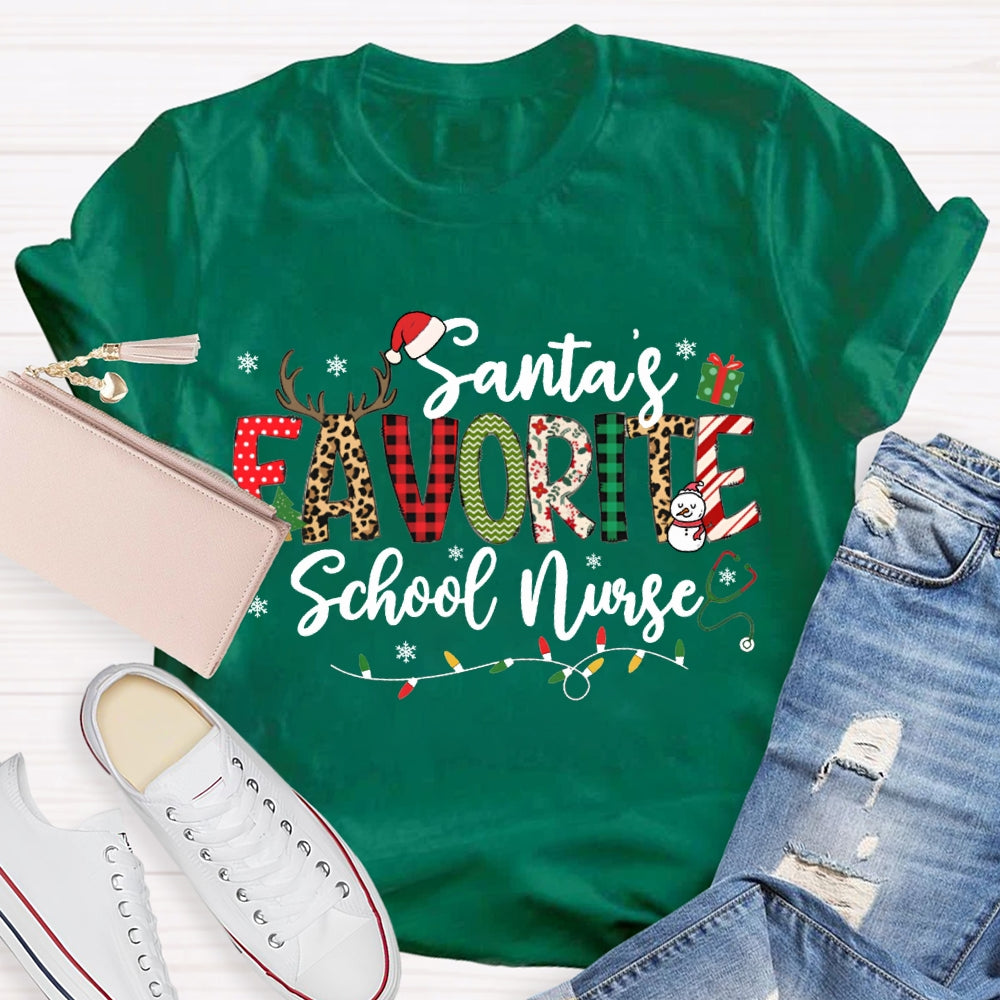 Santa'S Favorite School Nurse Christmas Lights T-shirt