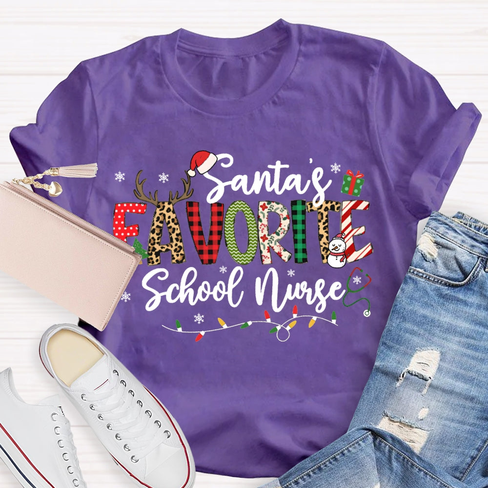 Santa'S Favorite School Nurse Christmas Lights T-shirt