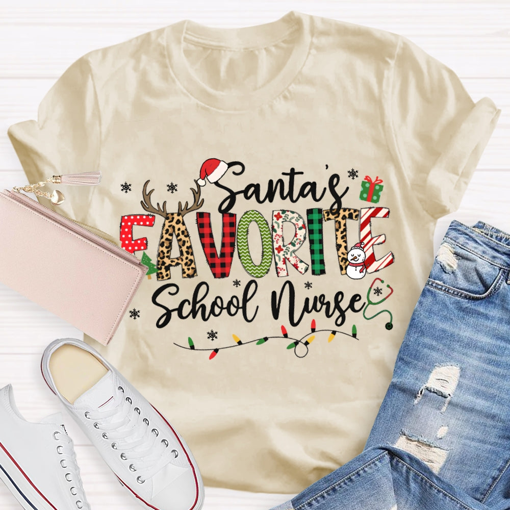 Santa'S Favorite School Nurse Christmas Lights T-shirt