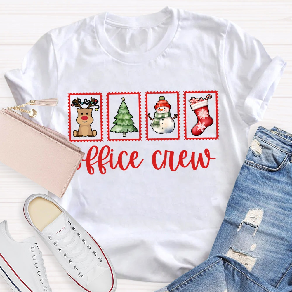 Office Crew Christmas Tree Snowman And Christmas Stocking T-shirt